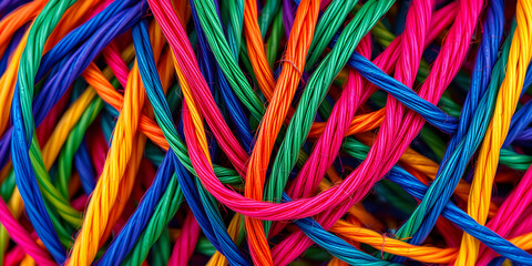 Intertwined synthetic fibers in vivid colors, close-up macro photography, abstract texture and pattern for design and backgrounds. Psychedelic Thread. Illustration