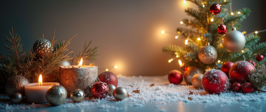 Christmas tree decoration with candles and red gold baubles