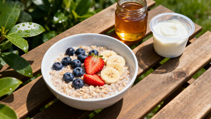 A bowl of oatmeal topped with blueberries, strawberries, and banana slices, served outdoors with honey and yogurt on a wooden table.