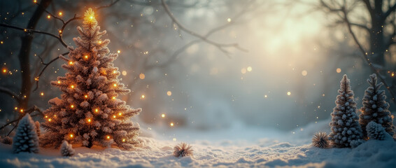 Christmas tree nestled in a snow-covered winter landscape
