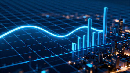 Digital graph overlay on cityscape with glowing data visualization elements
