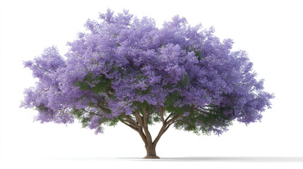 Fototapeta premium Blooming jacaranda tree with vibrant purple flowers stands majestically against white background, showcasing its lush foliage and strong trunk, evoking sense of tranquility and beauty