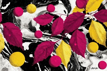 Vibrant leaves and circles create a striking autumnal design with a marbled background.