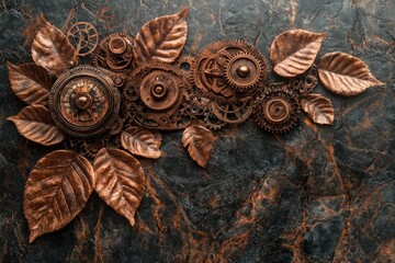 An intricate arrangement of rusted gears and copper leaves, creating a steampunk-inspired decorative design on a dark stone surface.