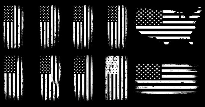 Vector grunge USA flag set with distressed textures, american patriotic illustration, vintage style banners and rustic patriotic design collection