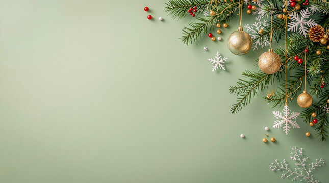Elegant Christmas decoration with copy space on pastel green background