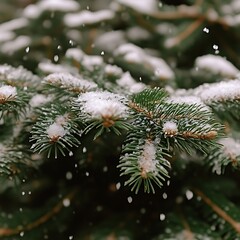 Close-up of snow-covered evergreen branches.  Soft snowfall gently falling.  Focus on the delicate needles and tiny snow crystals