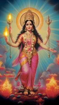 Vibrant depiction of a multi-armed goddess in traditional attire, viewed from a low angle. The video style captures divine elegance and serenity. Live mobile wallpaper.
