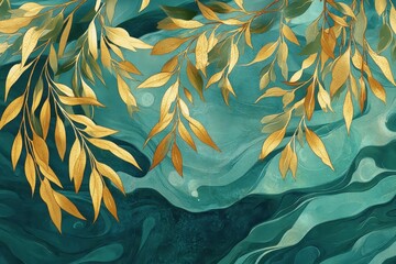 Golden leaves cascade over a teal marbled background, creating a tranquil and elegant design.