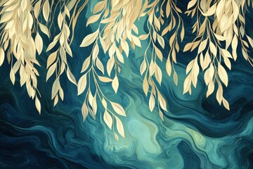 Delicate gold-toned leaves cascade gracefully over a dynamic teal marbled background, evoking a serene and elegant mood.