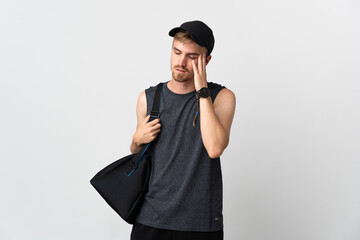 Sport blonde man isolated on white background with headache