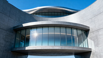 Fototapeta premium Modern architectural structure with curved concrete walls and large glass windows under a clear blue sky