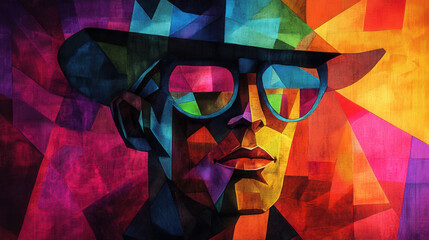 Colorful Abstract Portrait with Glasses and Hat in Vibrant Style