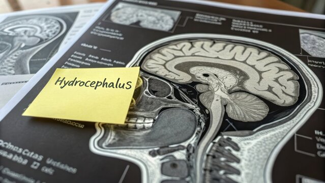 Detailed MRI Scan of Human Brain Illustrating Hydrocephalus Condition with Sticky Note Label in Medical Research Setting