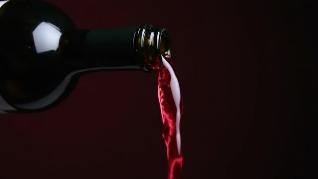 Red wine is poured out of the bottle. Filmed on a high-speed camera at 1000 fps. High quality FullHD footage