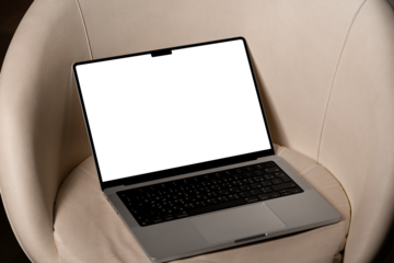 modern laptop mockup blank screen isolated on chair, monitor display mockup of a computer monitor