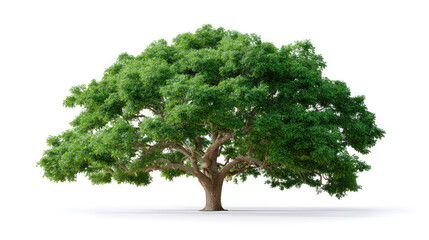 Obraz premium Tall green oak tree with broad canopy and lush foliage stands isolated against white background, symbolizing strength and nature beauty