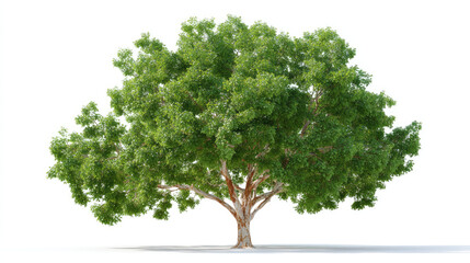 Obraz premium Sycamore tree with wide canopy, showcasing vibrant green leaves and sturdy trunk, stands isolated against white background, evoking sense of tranquility and nature beauty