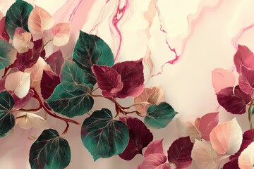 Delicate branches of leaves in muted tones of pink, burgundy, and teal, arranged against a backdrop of swirling marbleized pastels.