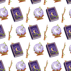 Mystic Witchcraft Seamless Pattern with Crystal Ball, Spellbook and Magic Wand. Enchanted Background for Occult Gift Wrap, Halloween Textile, Magic Wallpaper and Wizardry Design