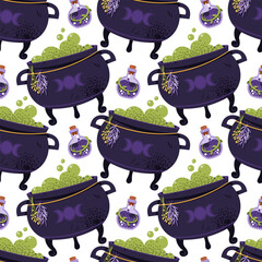 Seamless Pattern with Witch Cauldron and Magic Potion Seamless Pattern. Halloween Witchcraft Background for Gift Wrap, Textile, Wallpaper and Spellbook Design