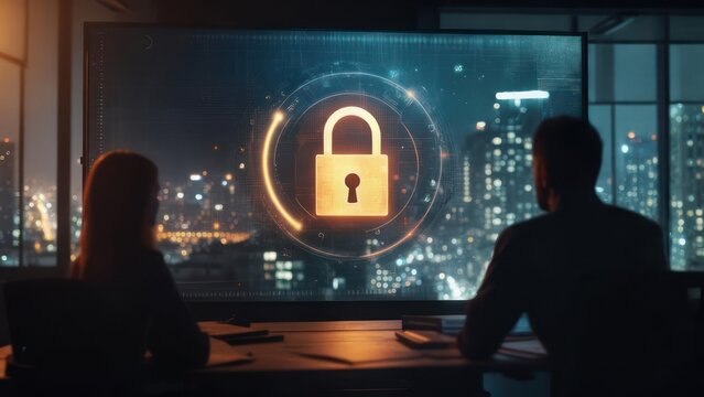 Protecting digital assets with a glowing padlock icon on a screen overlooking a cityscape at night, symbolizing cybersecurity and data privacy.