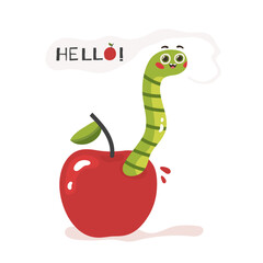 A green worm character with a face crawls out of a red apple with a quote hello, vector illustration on a white background.