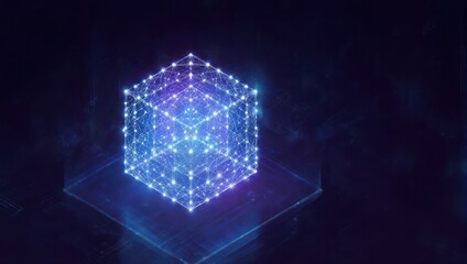 Stunning luminous geometric cube structure glows with vibrant blue and purple energy on dark digital background, representing data and connection