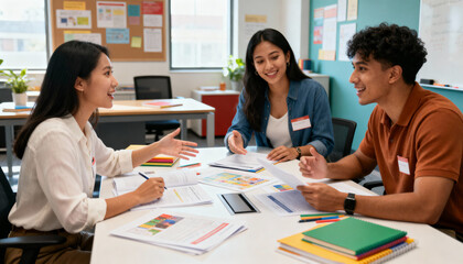 Dynamic Trio Diverse Young Adults Actively Share Ideas, Collaborate on Documents, and Brainstorm in a Modern, Interactive Learning Environment.