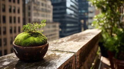 A small plant is sitting in a bowl on a ledge in front of a building