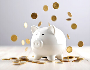 Floating golden coins falling around a shiny piggy bank