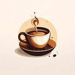 Aesthetic graphic illustration of a steaming hot coffee cup on a saucer with roasted beans, perfect for a cozy and comforting beverage moment