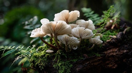 A group of mushrooms growing on a log in a forest