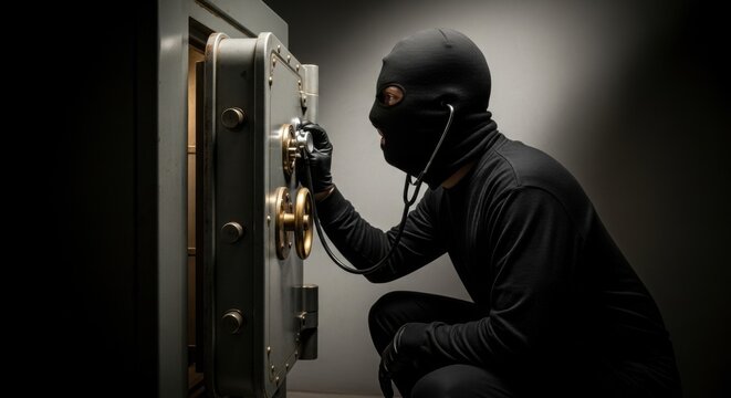 Man burglar in a balaclava mask trying to crack a safe with a stethoscope. Night robbery in a dark room. Theft crime. - Powered by Adobe