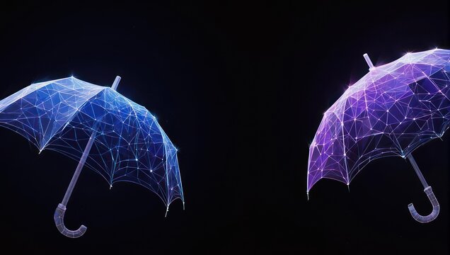 Dynamic digital umbrellas symbolizing protection and innovation in a dark futuristic digital landscape, representing cybersecurity and data safety