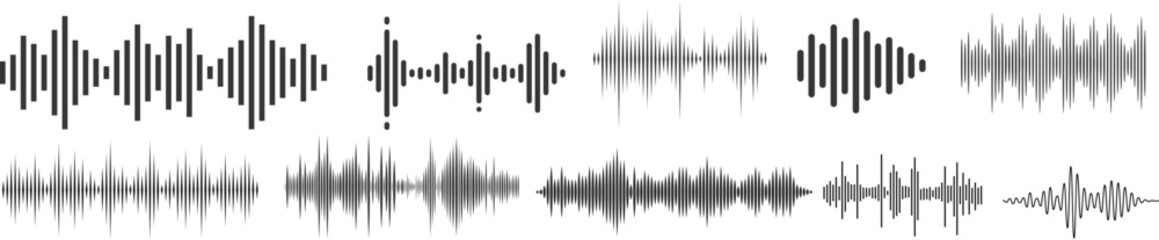 Black podcast sound wave patterns with varying amplitude bars for audio visualization and media interfaces. Digital frequency lines on white bg for music players, recording apps or broadcast design.