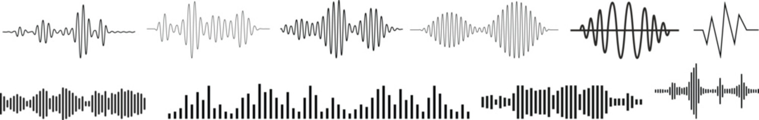 Black podcast sound wave patterns with varying amplitude bars for audio visualization and media interfaces. Digital frequency lines on white bg for music players, recording apps or broadcast design.