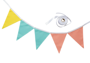 Soft fabric bunting flags with serrated edges in yellow, turquoise, coral, gracefully draped with a coiled white satin ribbon, isolated on transparent, studio lit, concept of refined product design