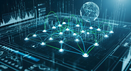 Dynamic digital network connecting global data points with futuristic holographic interface and charts
