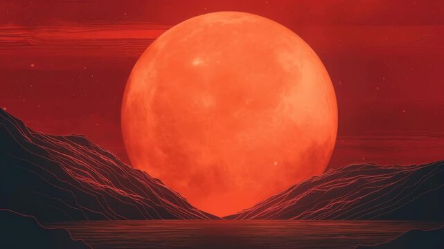 A surreal video concept with a low-angle view of a massive red moon rising between dark mountains, creating a dramatic and otherworldly atmosphere. Live desktop wallpaper.