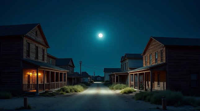 A tranquil, moonlit street in a deserted, wooden-fronted town at night.