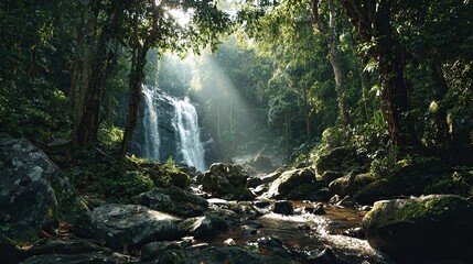 Fototapeta premium A forest with a waterfall and a stream