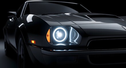 Naklejka premium Sleek Black Car with Glowing Headlights on Dark Background