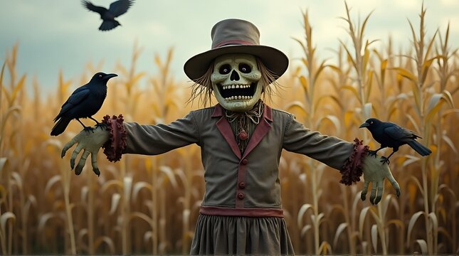 Spooky scarecrow in a cornfield with crows, Halloween theme.