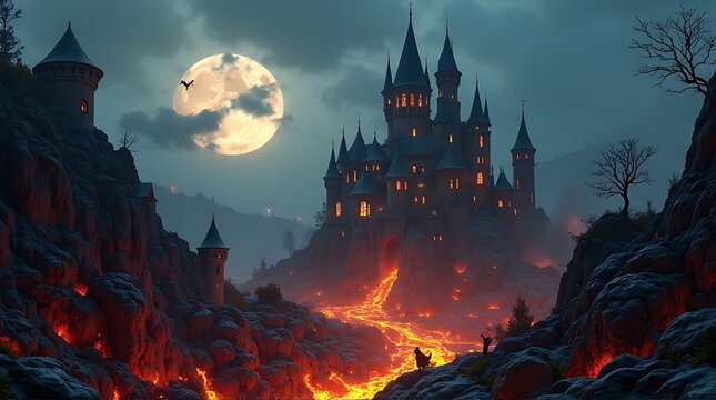 A gothic castle stands amidst volcanic landscape under a full moon.