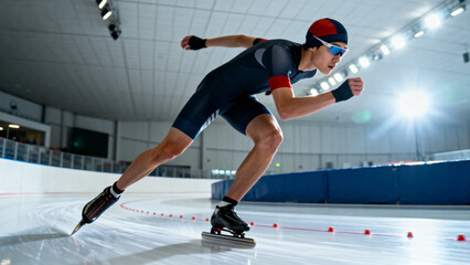 Speed skater in motion on indoor ice rink, wearing racing suit and protective gear