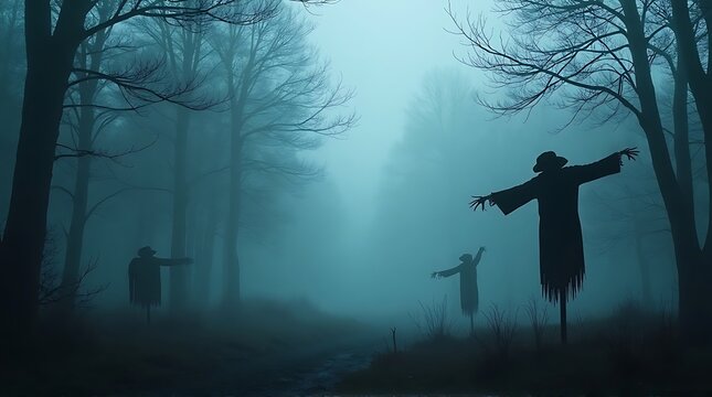 Foggy forest scene with spooky scarecrows.