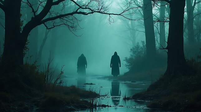 Two shadowy figures walk through a misty, dark forest.