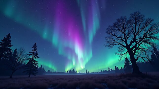 Silhouette of trees against a vibrant aurora borealis display over a misty landscape.