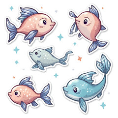 Naklejka premium An adorable collection of cute kawaii fish stickers. A set of charming aquatic animal illustrations in pastel pink and blue for scrapbooking and decoration